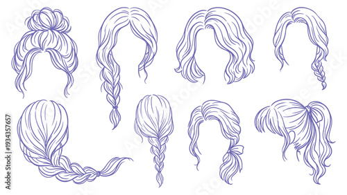 Hand Drawn Female Hairstyle Line Art Collection