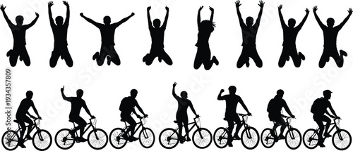 Active people silhouettes set featuring jumping persons and cycling riders isolated on white background sport lifestyle vector illustration collection