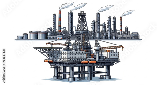 Offshore oil rig and refinery complex illustration.