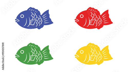 Four stylized fish with different bright colors arranged in a square