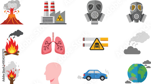 Air pollution and environmental hazard icons set including smoke fire factory gas mask isolated vector illustration 