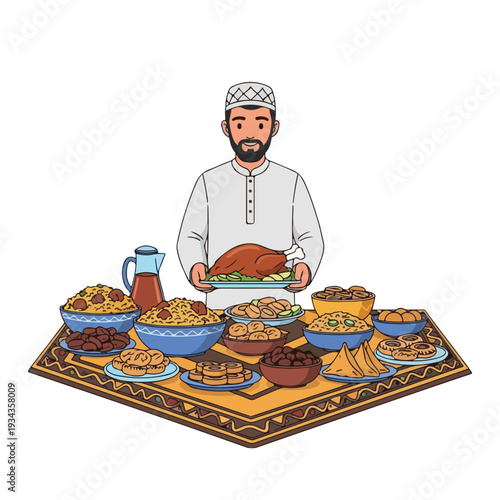 Man in traditional attire serving a variety of Middle Eastern dishes on a decorative table