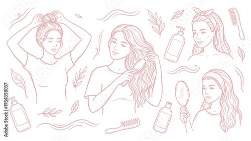 Hand Drawn Women Hair Care Beauty Routine Line Art Set