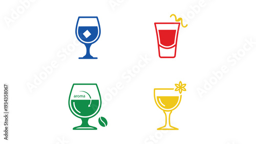 Four stylized icons representing different types of beverages in glasses