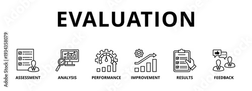 Evaluation banner web icon vector illustration for assessment system of business and organization standard with analysis, performance, plan, improvement, results, and feedback icon 