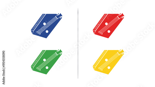 Four colored plastic electronic circuit board components displayed in a grid layout