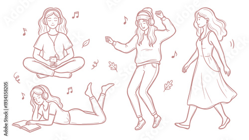 Hand Drawn Women Listening To Music Relaxing Lifestyle Line Art Set