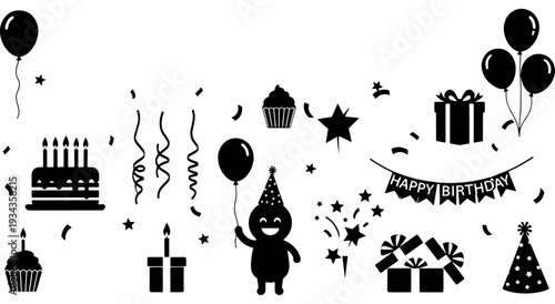 Celebratory icons featuring party items and festive decorations in black and white Vector
