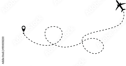Airplane flying on dotted line route with location pin icon travel; plane; airplane; flight; route; path; line