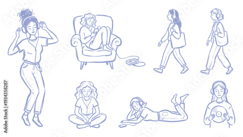 Hand Drawn Women Listening To Music Daily Lifestyle Line Art Set