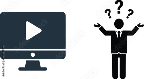 Online Video Player Screen Icon with Confused Business Person and Question Marks Representing Digital Media Support, Technical Issues, and User Problem Concepts