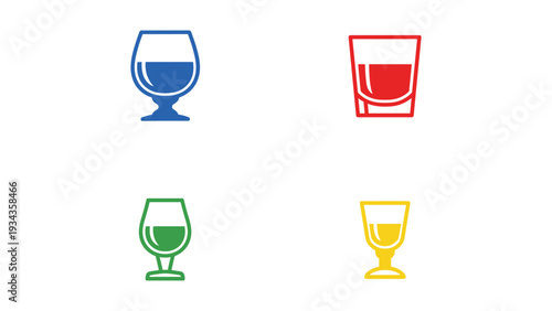 Four stylized glassware icons with different colored liquids and outlines