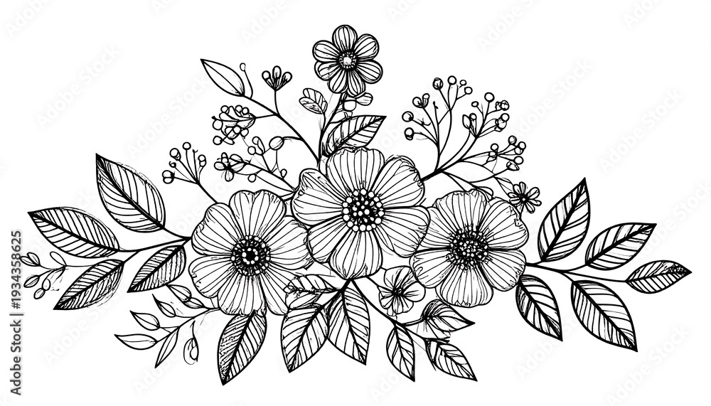 Fototapeta premium Black and white floral illustration featuring detailed line art of blossoms, leaves, and various botanical elements