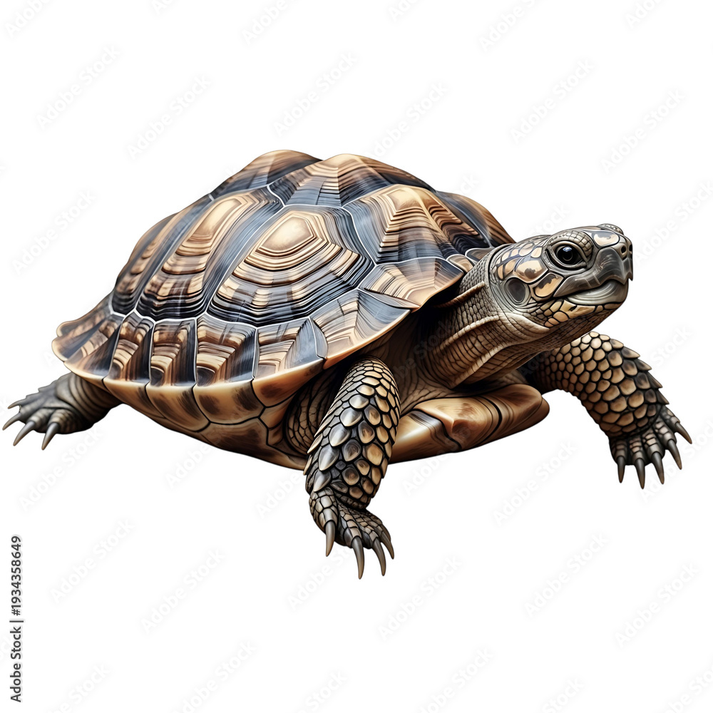 Obraz premium A close-up view of a turtle with a detailed shell pattern standing on a white background