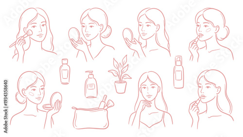 Hand Drawn Women Makeup And Skincare Beauty Line Art Set