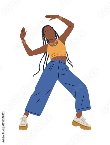 Flat, stylized illustration of a young Black woman dancing in orange crop top, blue jeans, gold accessories, and white platform sneakers on transparent background.