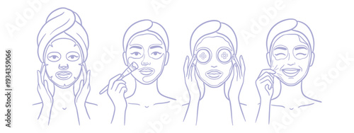 Hand Drawn Women Facial Skincare Mask And Beauty Routine Line Art Set