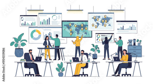 Diverse team collaborating in modern office with data visualization screens.