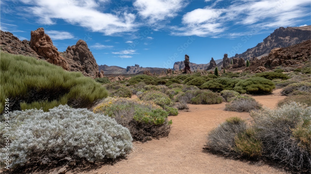 Obraz premium Rugged rocks stand tall in a green landscape with plants and trees under a clear blue sky showcasing natural beauty