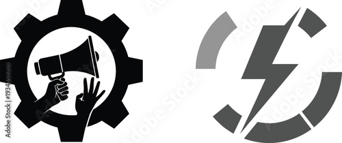 Megaphone Inside Gear Icon with Raised Fist and Circular Lightning Energy Symbol Representing Industrial Protest, Power Supply, and Activism Concepts