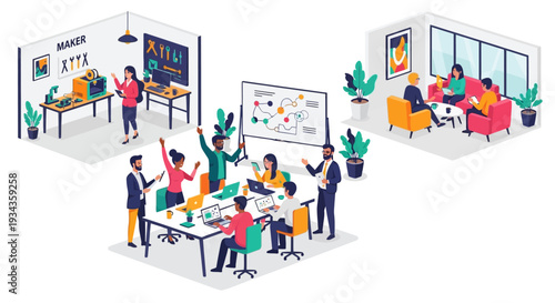 Diverse team collaborating in modern office spaces.