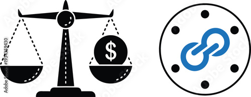 Justice Balance Scale with Dollar Symbol and Blockchain Link Icon Representing Financial Law, Cryptocurrency Regulation, and Legal Business Transactions