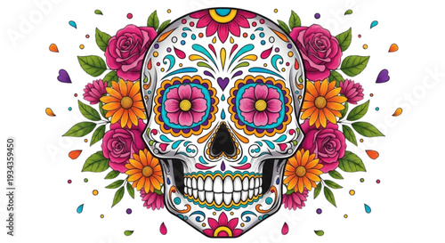 Vibrant Sugar Skull Calavera with Colorful Flowers. Day of the Dead Celebration, Mexican Holiday Event Invitation Design