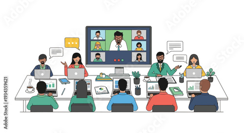 Diverse team collaborating in a modern hybrid meeting setting.