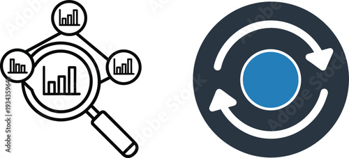Data Analytics and Search Optimization Icons with Magnifying Glass Chart and Refresh Cycle Symbol for Business Reports and Digital Monitoring Systems