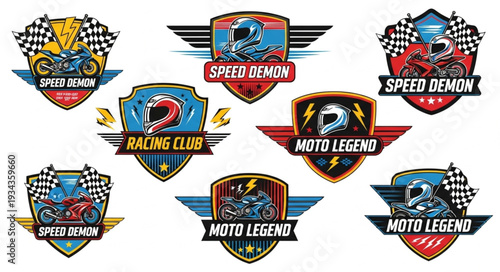 Collection of motorcycle racing club emblems and logos with checkered flags and riders.