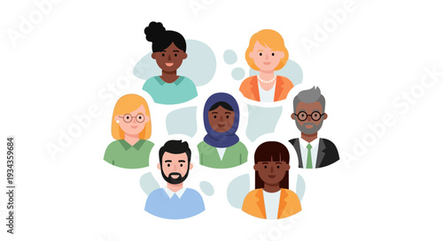 Diverse Group of People Avatars: Flat Design Illustration of a Multicultural Team, Community, and Social Network