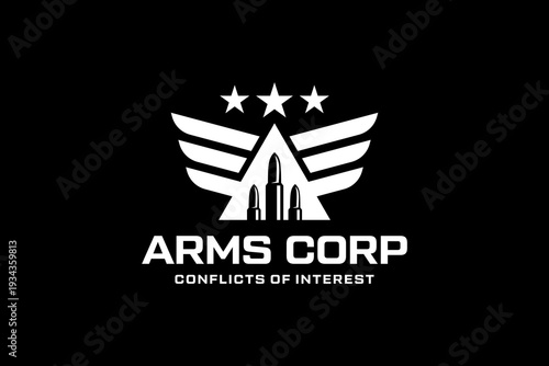 Arms Corp logo with wings stars and bullets symbolizing military and conflict interests.