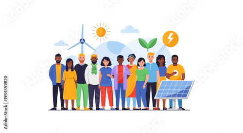 Diverse Global Community Embracing Renewable Energy and Sustainability. People United for Green Solutions and Environmental Protection.