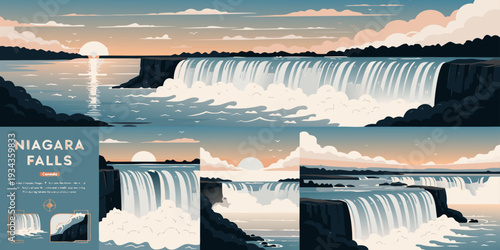 Niagara Falls Night Illumination – Colorful Lights Over Waterfall Panorama | USA US U.S. United States Ultra‑Wide Flat Vector Illustration Banner, Card & Flyer Design