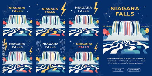 Niagara Falls Night Illumination with Colorful Lights – Ultra‑Wide Flat Vector Panorama | USA US U.S. United States Scenic Waterfall Illustration Banner, Card & Flyer Design