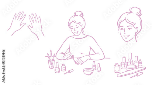 Hand Drawn Woman Nail Art Manicure Process Line Art Set