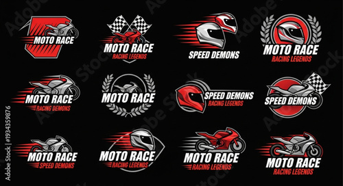 Motorcycle racing logos and emblems collection, speed and moto race designs.