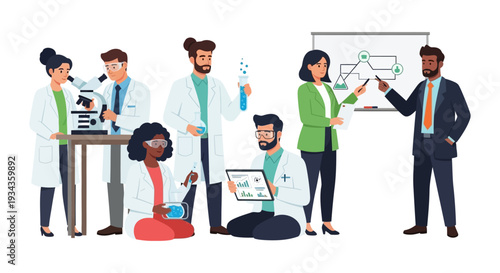 Diverse Team of Scientists and Business Professionals Collaborating on R&D, Innovation, and Project Presentation