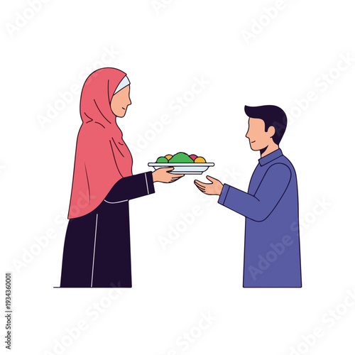 Man and woman exchanging a plate of food
