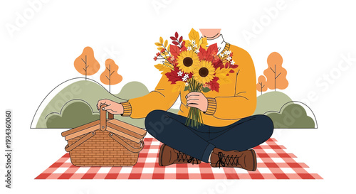 Autumn Picnic With Flowers - Person Holding Sunflowers and Leaves