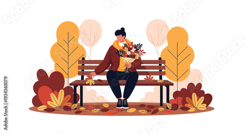 Autumn Scene: Person Sitting on Bench with Bouquet, Falling Leaves Illustration