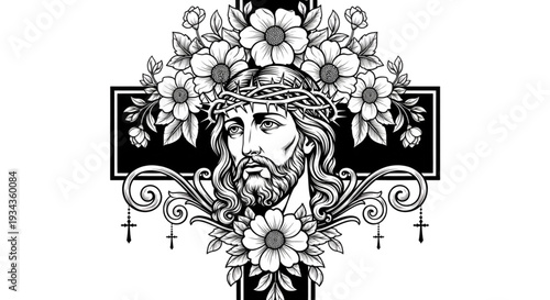 Jesus Christ Crown of Thorns Floral Cross Illustration for Devotional Christian Art and Spiritual Tattoo