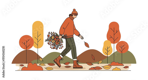 Autumn Walk: Woman with Bouquet Amidst Falling Leaves and Stylized Trees