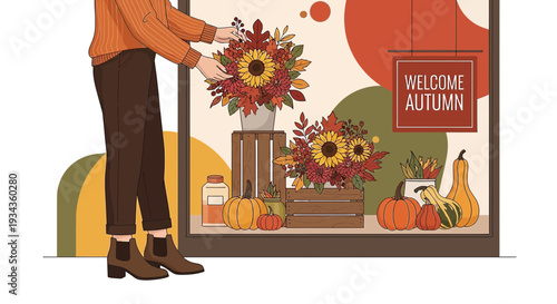 Autumn Window Display: Person Arranging Flowers, Pumpkins, and Leaves