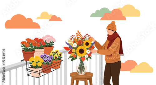 Autumnal Balcony Garden with Person Arranging Flowers
