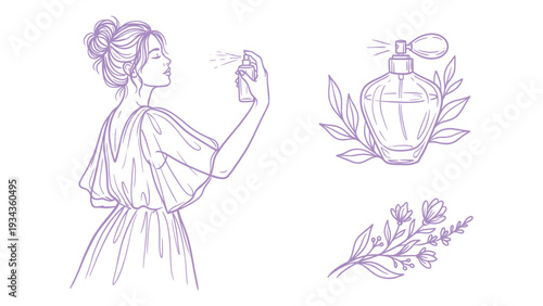 Hand Drawn Elegant Woman Perfume Line Art Illustration Set