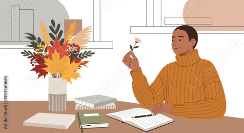 Autumnal Woman Admiring Flower with Books and Floral Arrangement