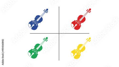 Colorful violins with decorative elements arranged in a grid pattern