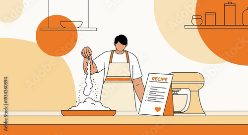 Baker Adding Flour to Bowl with Recipe and Mixer