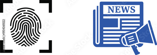 Identity Verification and News Media Announcement Concept with Fingerprint Scan Icon, Newspaper, and Megaphone Symbol for Security and Communication Design